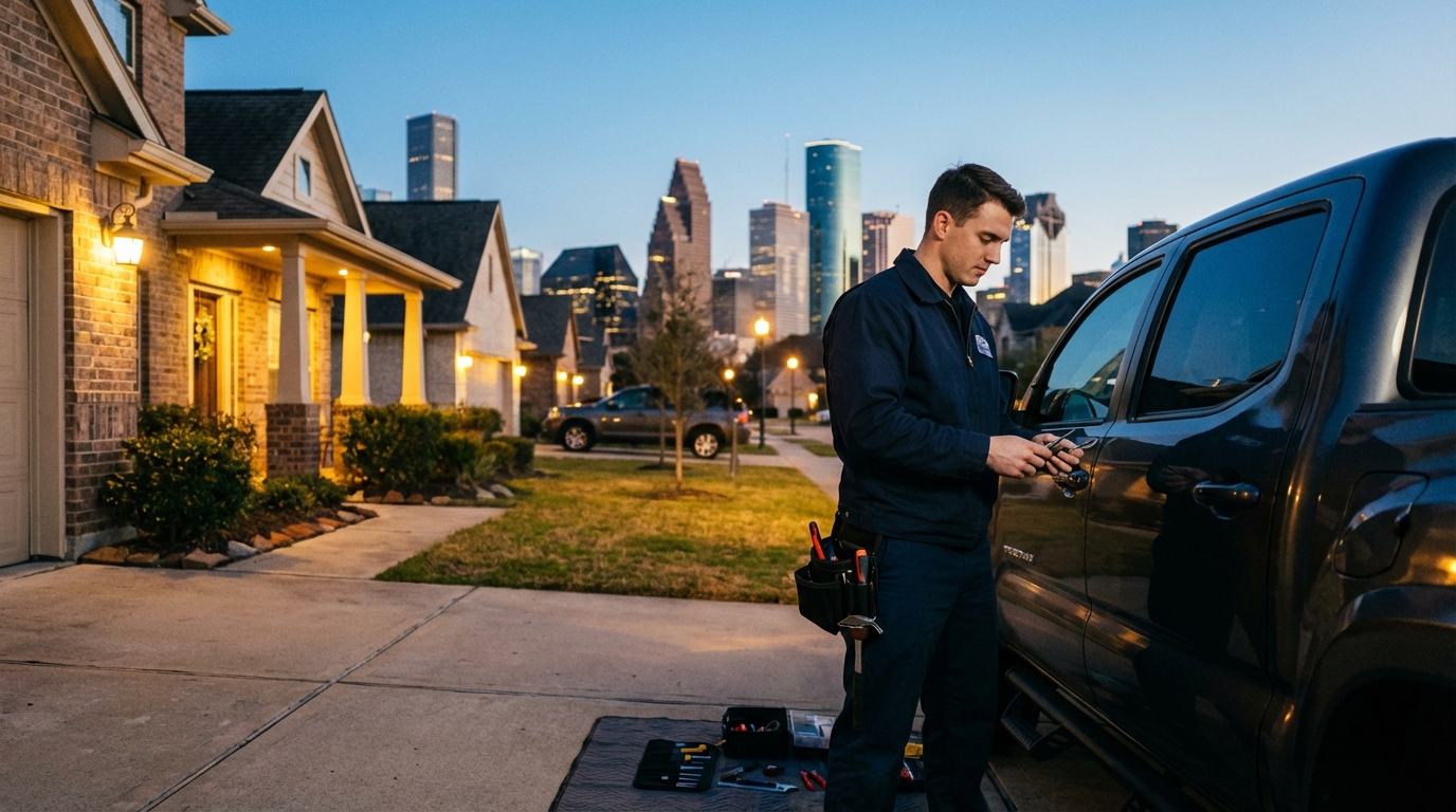 Professional locksmith Houston TX - car key replacement and lock change service with Houston skyline